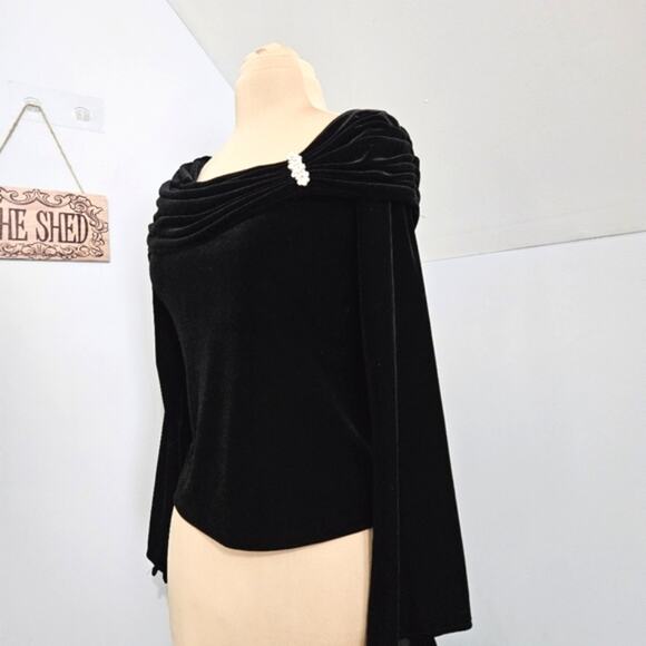 Xscape by Joanna Chen Black Crushed Velvet Rhinestone Brooch Dressy Top Small - Picture 4 of 15